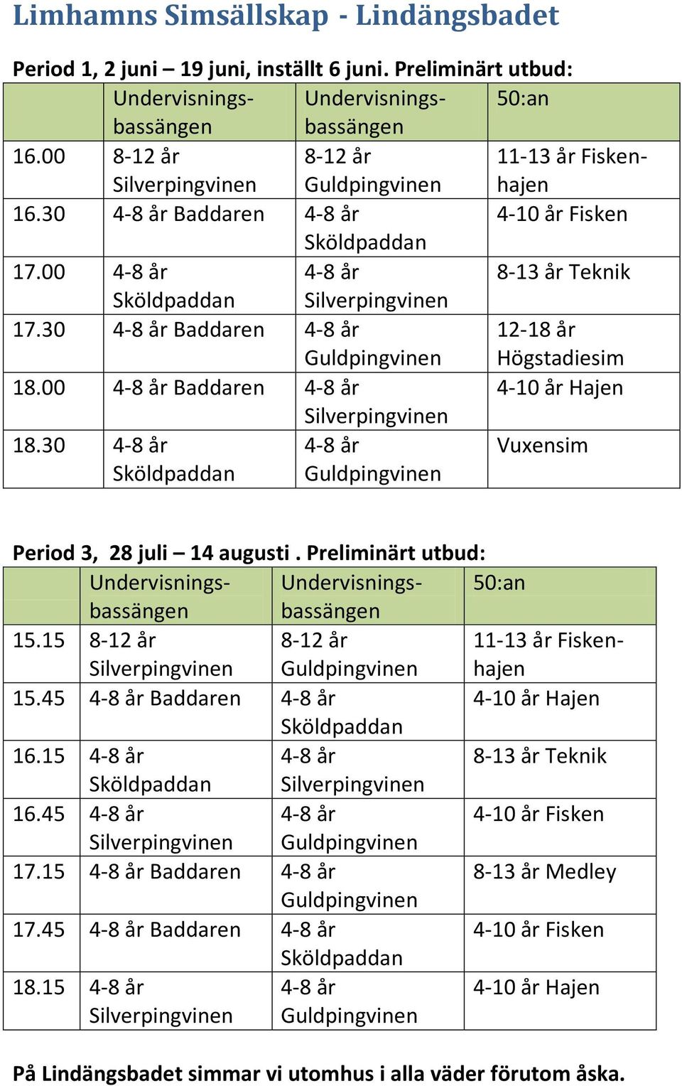 30 Vuxensim Period 3, 28 juli 14 augusti. Preliminärt utbud: Undervisningsbassängebassängen Undervisnings- 50:an 15.15 8-12 år 8-12 år 11-13 år Fiskenhajen 15.