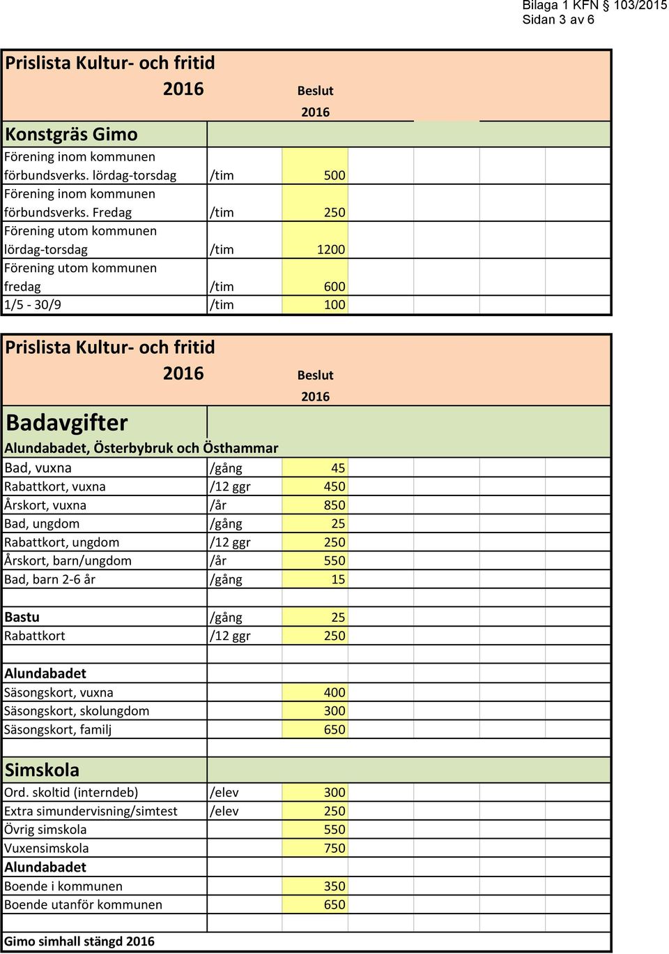 Rabattkort, vuxna /12 ggr 450 Årskort, vuxna /år 850 Bad, ungdom /gång 25 Rabattkort, ungdom /12 ggr 250 Årskort, barn/ungdom /år 550 Bad, barn 2-6 år /gång 15 Bastu /gång 25 Rabattkort /12 ggr 250