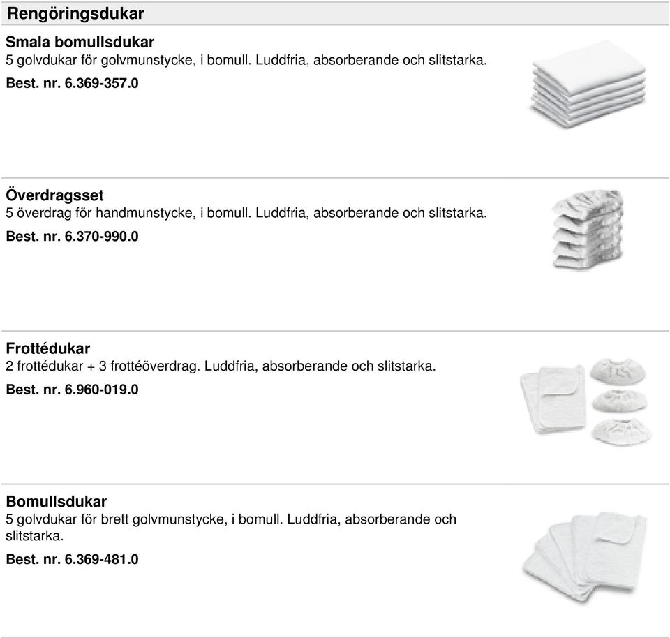 0 Frottédukar 2 frottédukar + 3 frottéöverdrag. Luddfria, absorberande och slitstarka. Best. nr. 6.960-019.