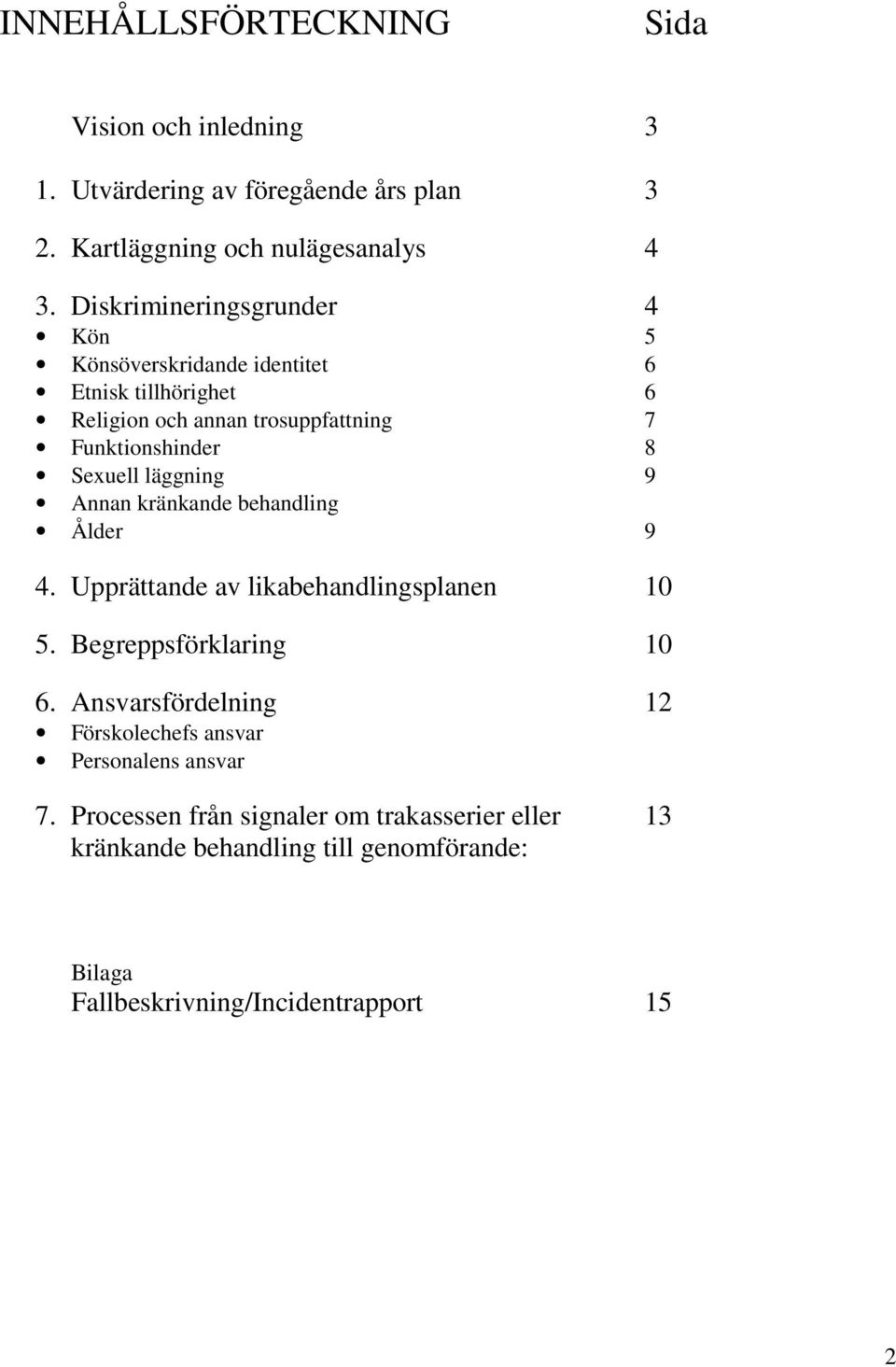 läggning 9 Annan kränkande behandling Ålder 9 4. Upprättande av likabehandlingsplanen 10 5. Begreppsförklaring 10 6.