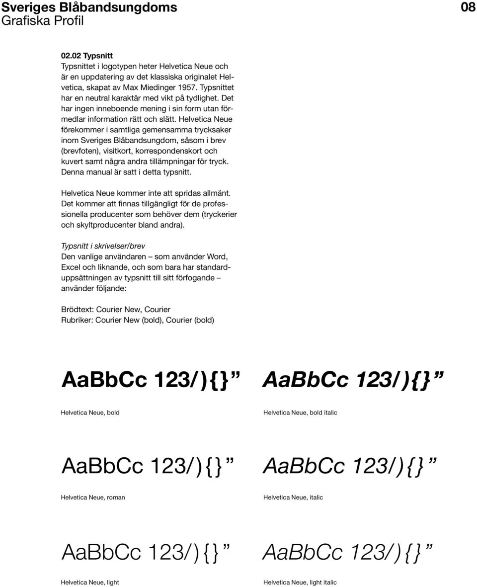 Helvetica Neue förekommer i samtliga gemensamma trycksaker inom Sveriges Blåbandsungdom, såsom i brev (brevfoten), visitkort, korrespondenskort och kuvert samt några andra tillämpningar för tryck.