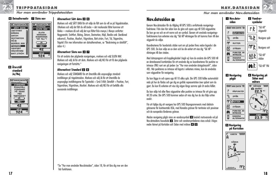 ) Menyn omfattar: Noggrannht, Snittfart, Bäring, Datum, Destnation, Höjd, Beräkn ank (beräknad ankomst), Position, Maxfart, Vägmätare, Batt.
