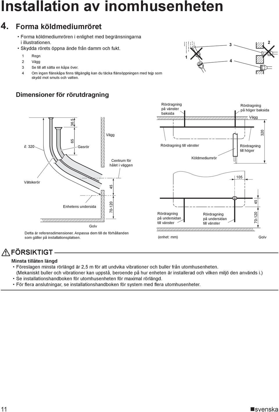 5 Rördragning på vänster baksida Rördragning på höger baksida Vägg Vägg 30 : 30 65 Gasrör Rördragning till vänster Rördragning till höger Centrum för hålet i väggen Köldmediumrör Vätskerör 45 05