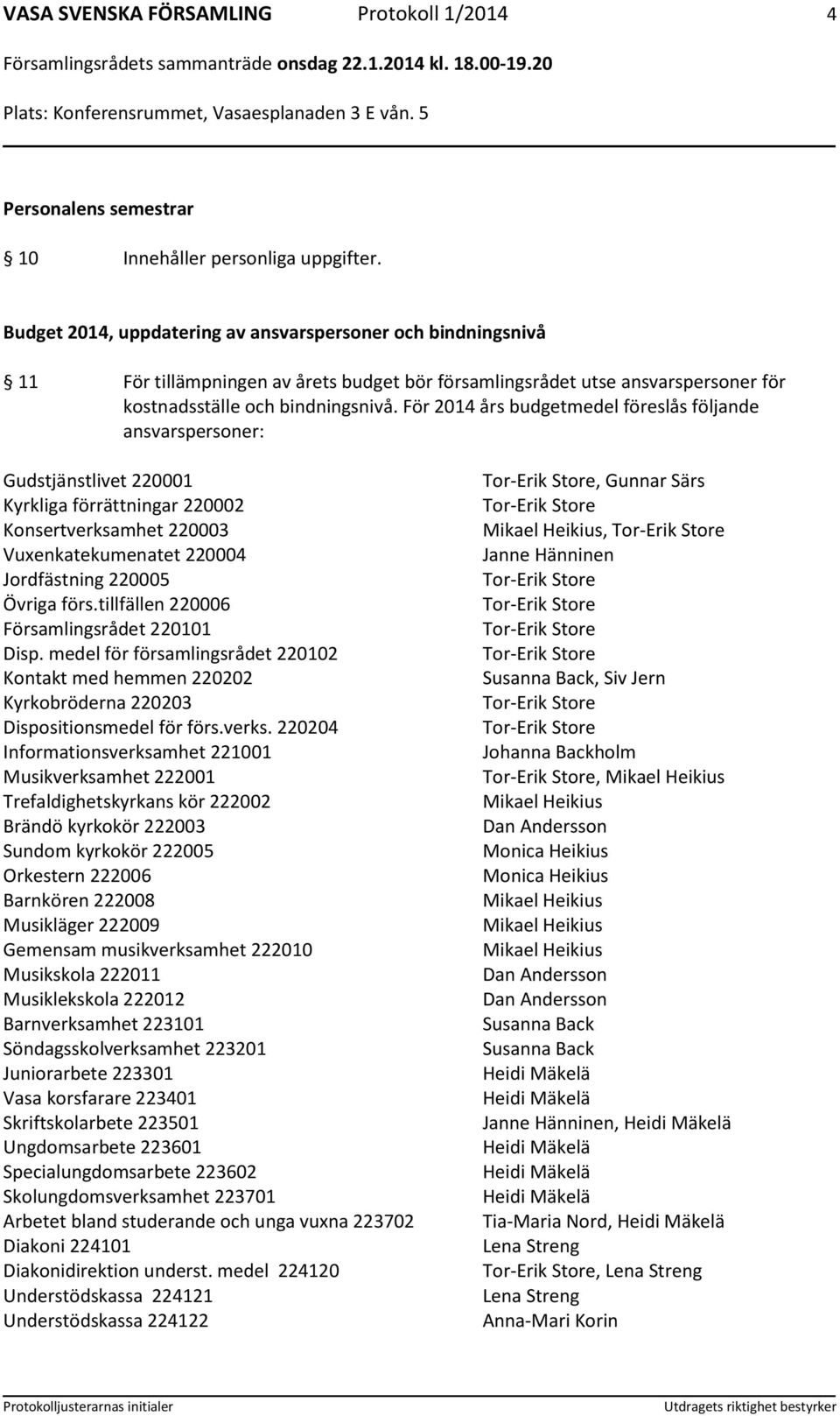 För 2014 års budgetmedel föreslås följande ansvarspersoner: Gudstjänstlivet 220001 Kyrkliga förrättningar 220002 Konsertverksamhet 220003 Vuxenkatekumenatet 220004 Jordfästning 220005 Övriga förs.