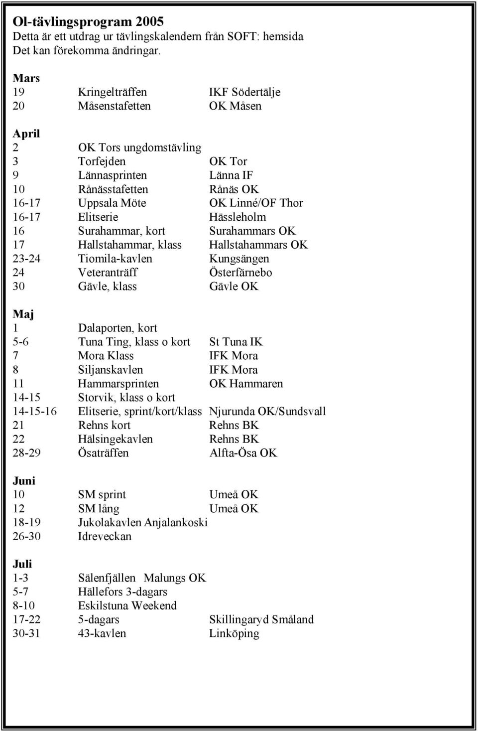 Thor 16-17 Elitserie Hässleholm 16 Surahammar, kort Surahammars OK 17 Hallstahammar, klass Hallstahammars OK 23-24 Tiomila-kavlen Kungsängen 24 Veteranträff Österfärnebo 30 Gävle, klass Gävle OK Maj