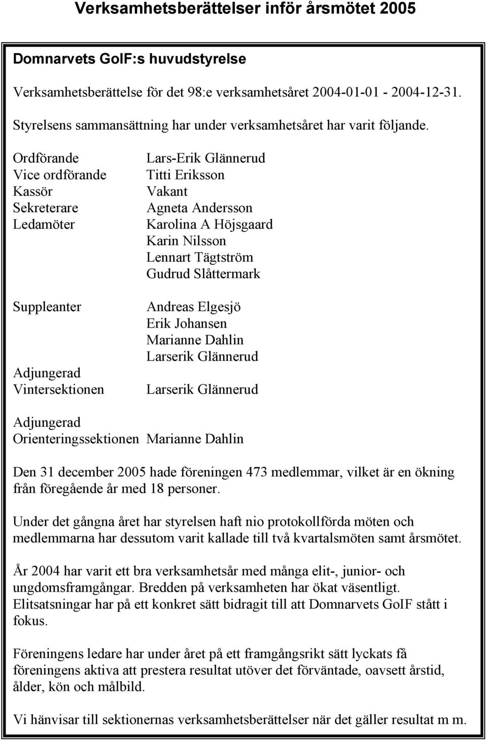 Ordförande Vice ordförande Kassör Sekreterare Ledamöter Suppleanter Adjungerad Vintersektionen Lars-Erik Glännerud Titti Eriksson Vakant Agneta Andersson Karolina A Höjsgaard Karin Nilsson Lennart