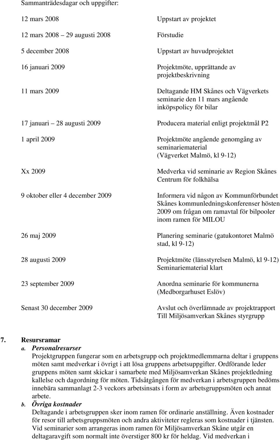 2009 Projektmöte angående genomgång av seminariematerial (Vägverket Malmö, kl 9-12) Xx 2009 Medverka vid seminarie av Region Skånes Centrum för folkhälsa 9 oktober eller 4 december 2009 Informera vid