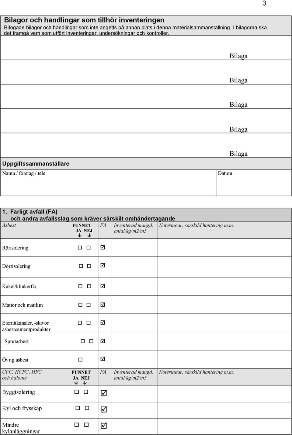 Farligt avfall (FA) och andra avfallsslag som kräver särskilt omhändertagande Asbest FA Rörisolering Dörrisolering Kakel/klinkerfix Mattor och