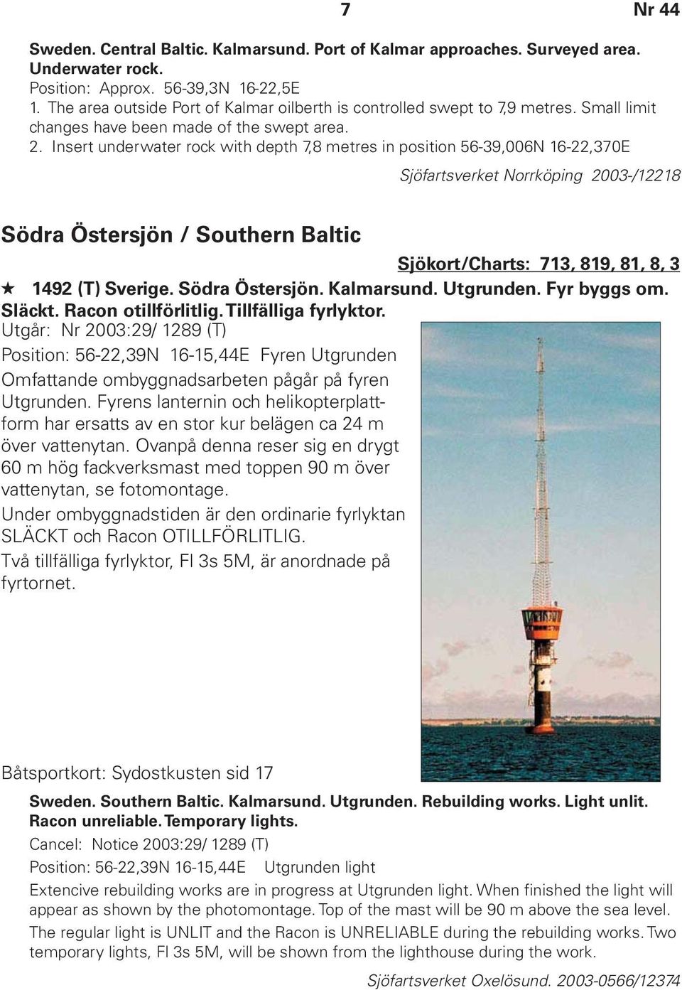 Insert underwater rock with depth 7,8 metres in position 56-39,006N 16-22,370E Sjöfartsverket Norrköping 2003-/12218 Södra Östersjön / Southern Baltic Sjökort/Charts: 713, 819, 81, 8, 3 1492 (T)