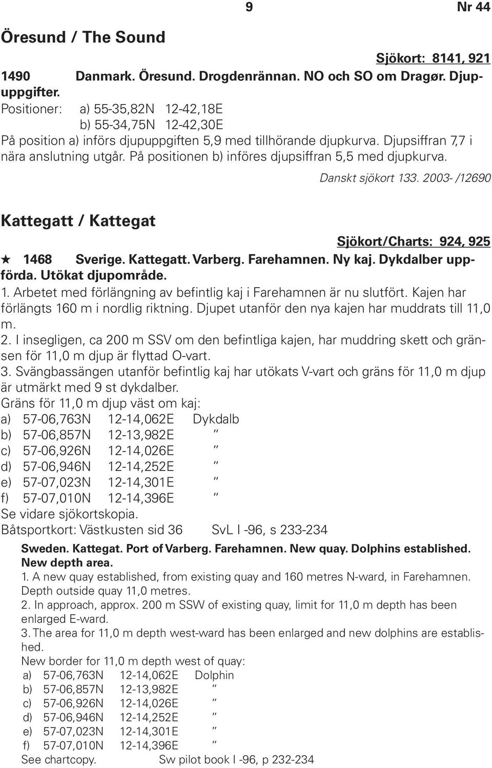 På positionen b) införes djupsiffran 5,5 med djupkurva. Danskt sjökort 133. 2003- /12690 Kattegatt / Kattegat Sjökort/Charts: 924, 925 1468 Sverige. Kattegatt. Varberg. Farehamnen. Ny kaj.