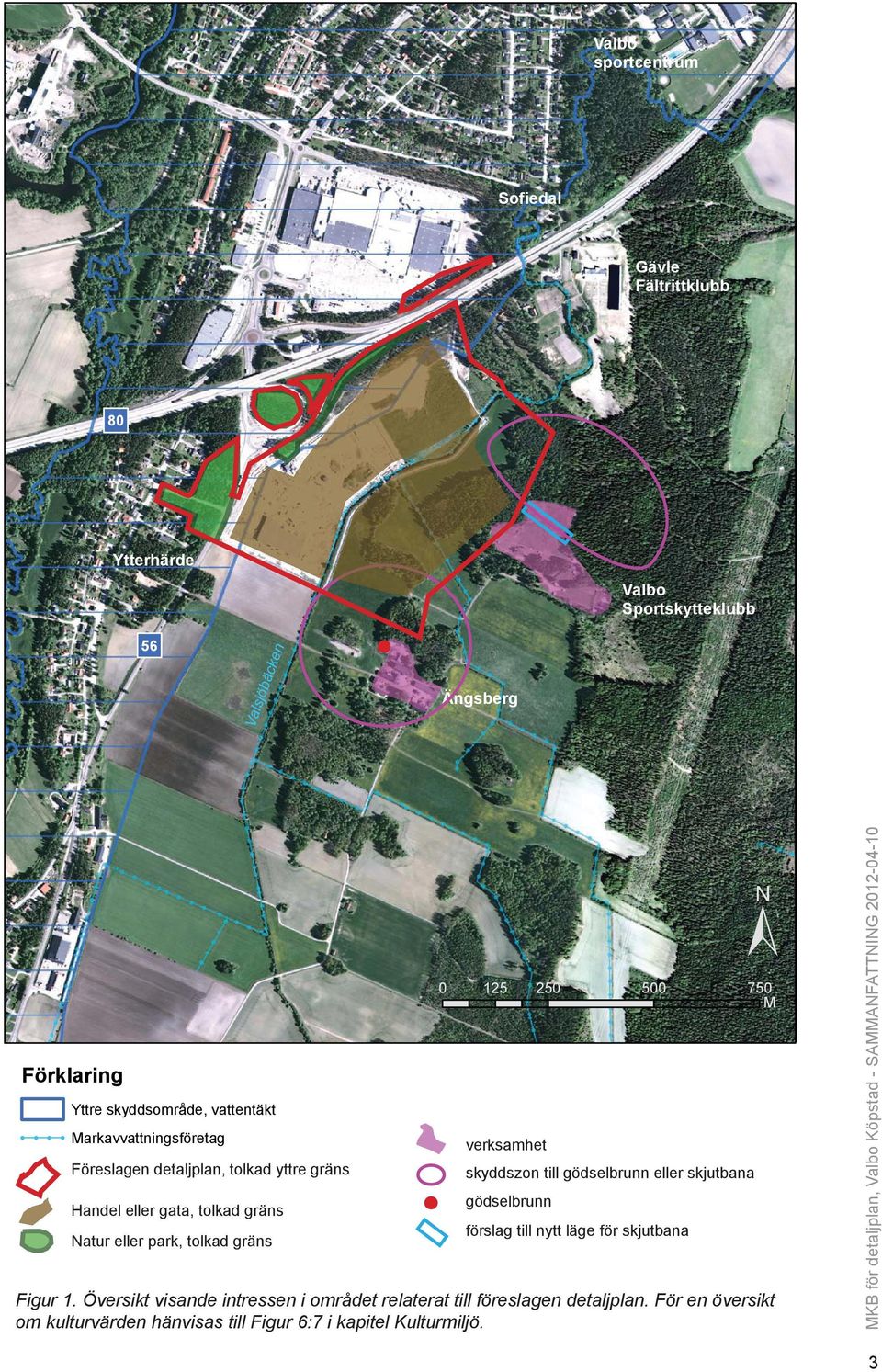 Natur eller park, tolkad gräns gödselbrunn förslag till nytt läge för skjutbana Figur 1. Översikt visande intressen i området relaterat till föreslagen detaljplan.