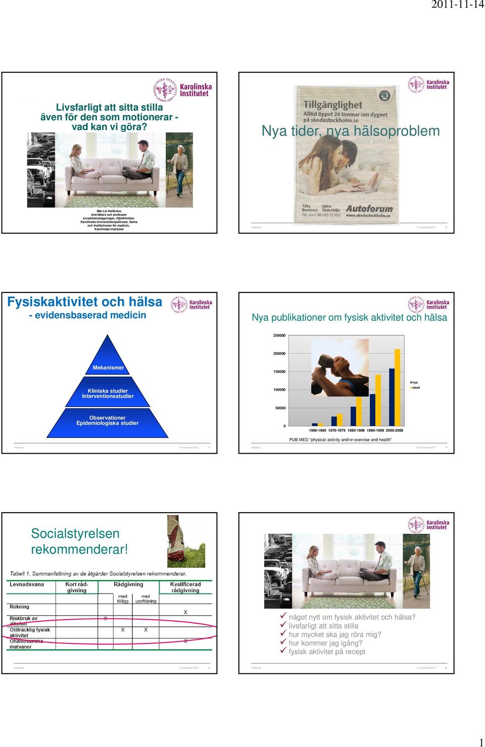 Institutet Hellénius 4 november 2 2 Fysiskaktivitet och hälsa - evidensbaserad medicin Nya publikationer om fysisk aktivitet och hälsa 25 2 Mekanismer 5 Kliniska studier Interventionsstudier nya