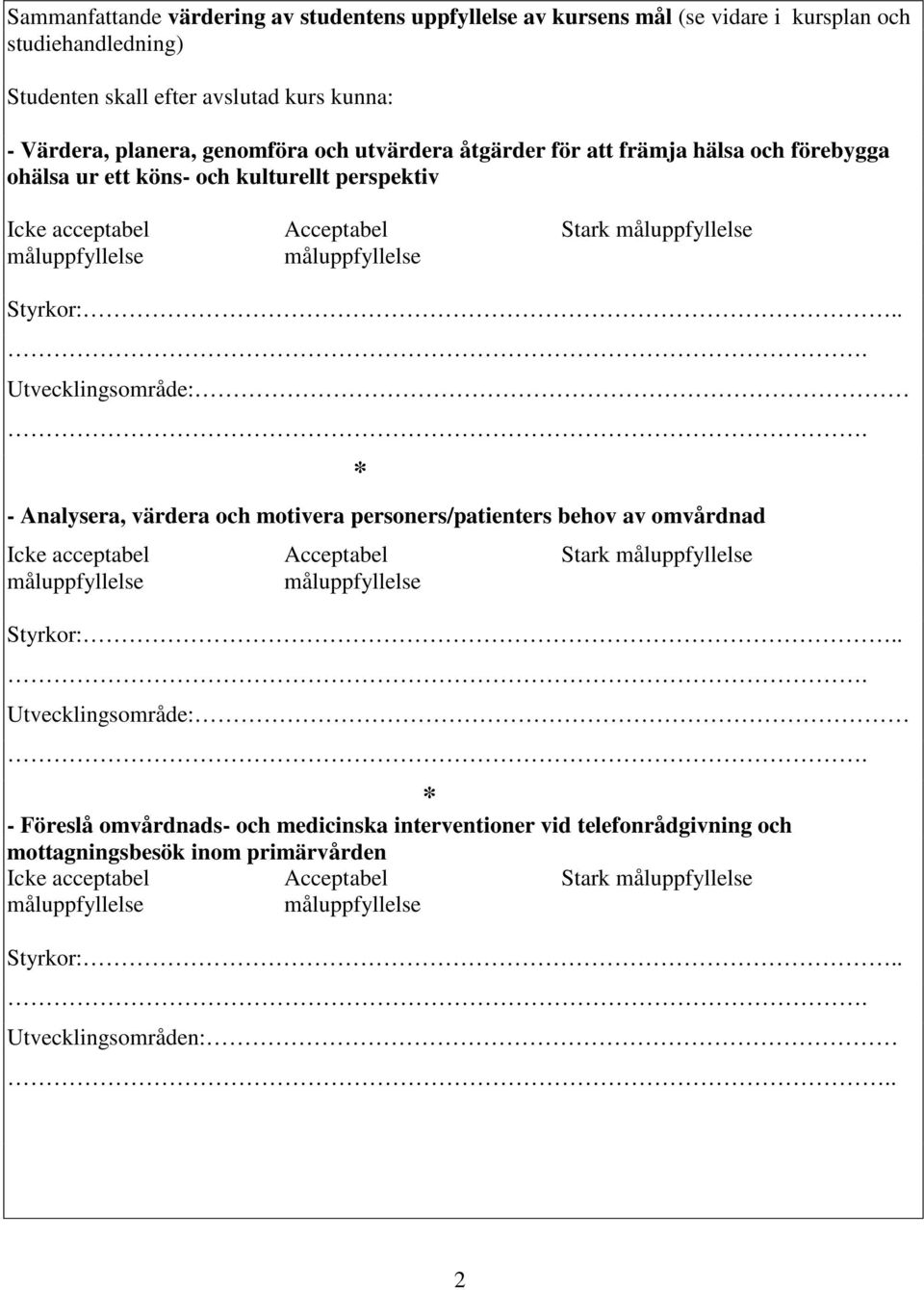 Stark Utvecklingsområde: * - Analysera, värdera och motivera personers/patienters behov av omvårdnad Icke acceptabel Acceptabel Stark Utvecklingsområde: * -