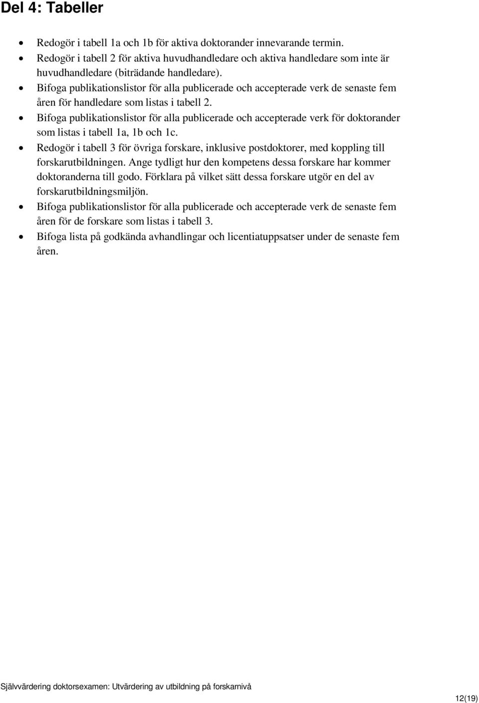 Bifoga publikationslistor för alla publicerade och accepterade verk de senaste fem åren för handledare som listas i tabell 2.