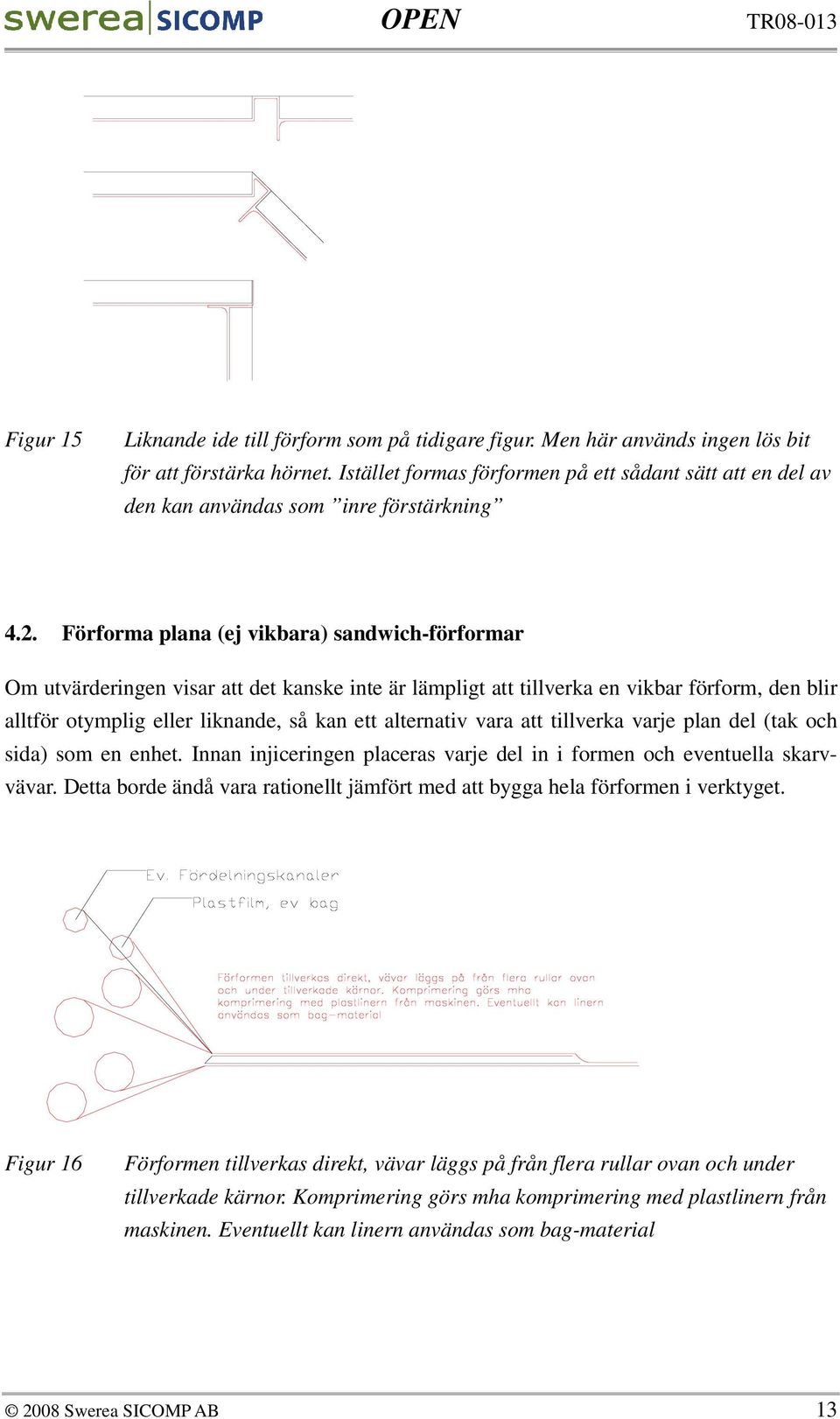 Förforma plana (ej vikbara) sandwich-förformar Om utvärderingen visar att det kanske inte är lämpligt att tillverka en vikbar förform, den blir alltför otymplig eller liknande, så kan ett alternativ