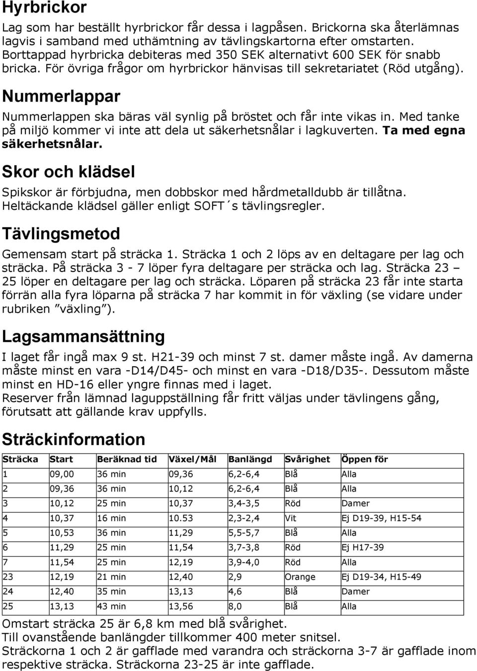 Nummerlappar Nummerlappen ska bäras väl synlig på bröstet och får inte vikas in. Med tanke på miljö kommer vi inte att dela ut säkerhetsnålar i lagkuverten. Ta med egna säkerhetsnålar.