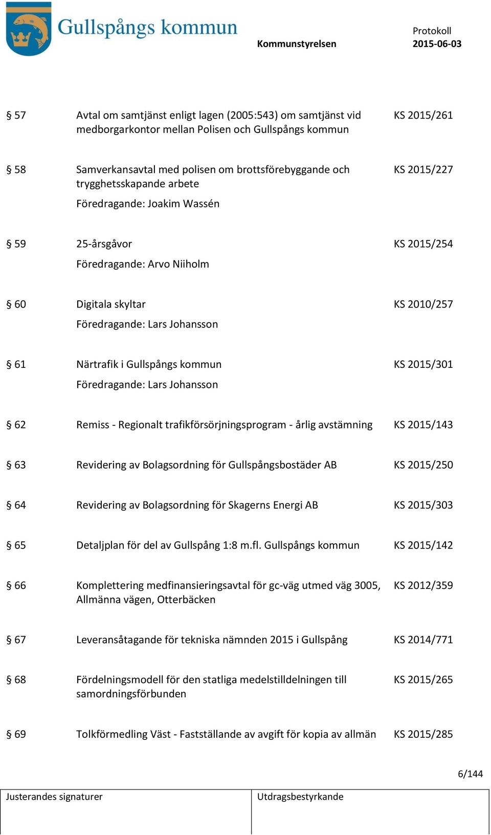 Gullspångs kommun KS 2015/301 Föredragande: Lars Johansson 62 Remiss - Regionalt trafikförsörjningsprogram - årlig avstämning KS 2015/143 63 Revidering av Bolagsordning för Gullspångsbostäder AB KS