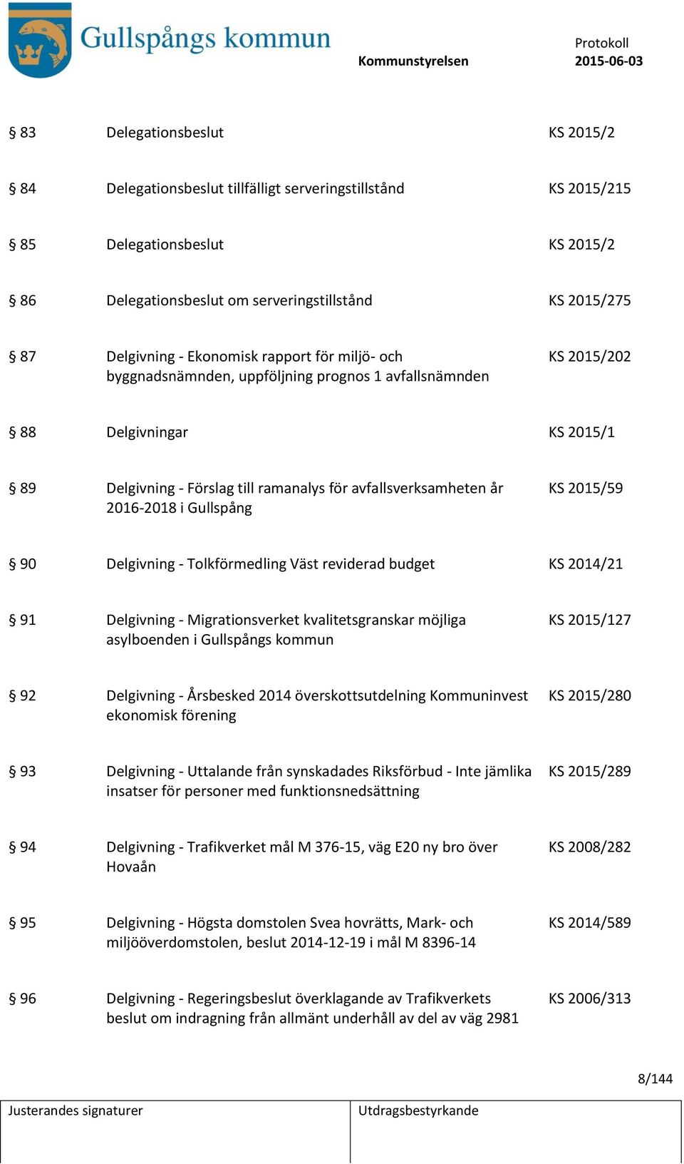 2016-2018 i Gullspång KS 2015/59 90 Delgivning - Tolkförmedling Väst reviderad budget KS 2014/21 91 Delgivning - Migrationsverket kvalitetsgranskar möjliga asylboenden i Gullspångs kommun KS 2015/127