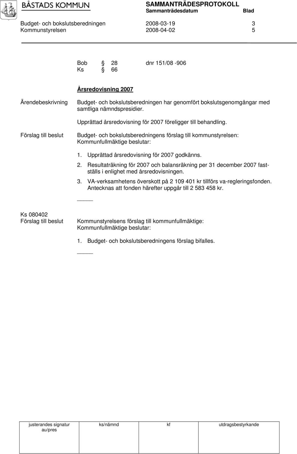 Upprättad årsredovisning för 2007 godkänns. 2. Resultaträkning för 2007 och balansräkning per 31 december 2007 fastställs i enlighet med årsredovisningen. 3. VA-verksamhetens överskott på 2 109 401 kr tillförs va-regleringsfonden.