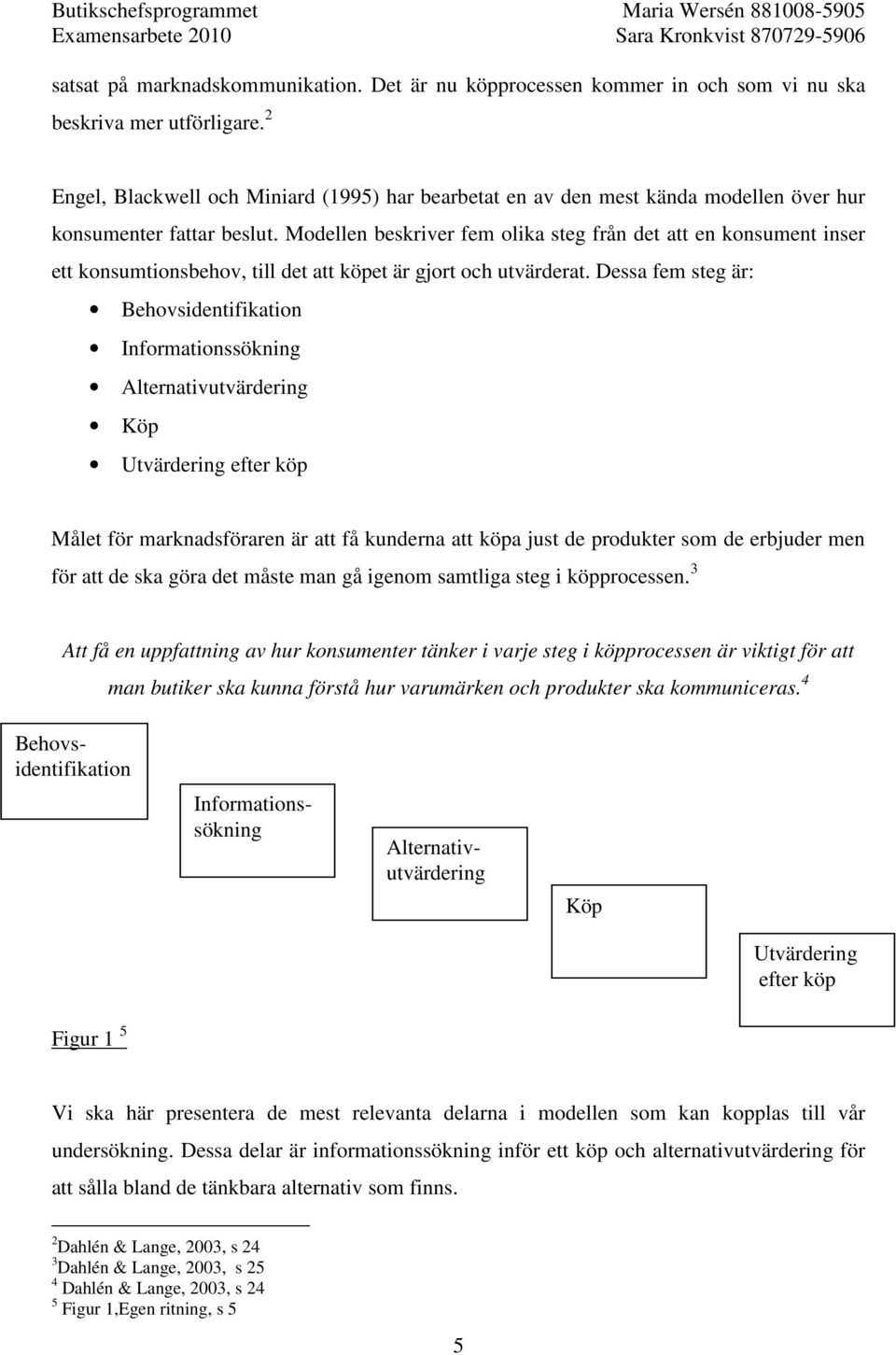 Modellen beskriver fem olika steg från det att en konsument inser ett konsumtionsbehov, till det att köpet är gjort och utvärderat.