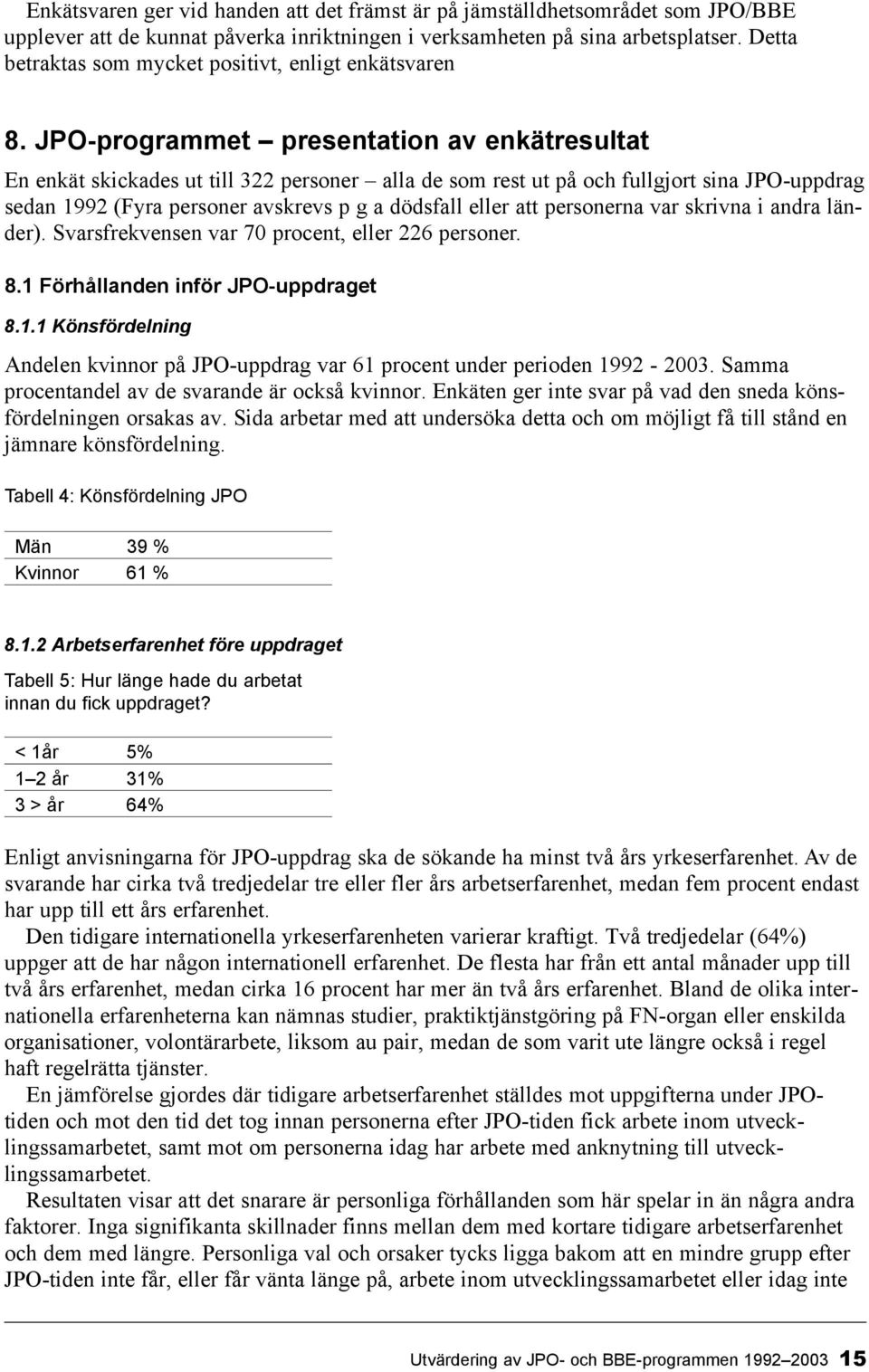 JPO-programmet presentation av enkätresultat En enkät skickades ut till 322 personer alla de som rest ut på och fullgjort sina JPO-uppdrag sedan 1992 (Fyra personer avskrevs p g a dödsfall eller att