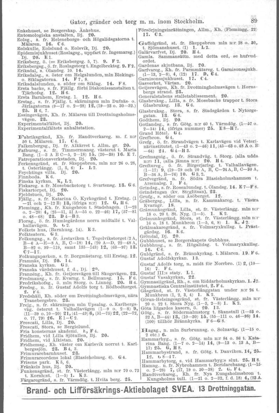 9. F2. Eriksdal, s. Ölandsg. 10. 1.1,. Eriksdalag., s. öster om Helgalunden, mln Blekinge. o. Siklagatorna. 1.1,. F 7, 8. Eriksdalslunden, s. söder om Siklag. 1.1,. F 8. Ersta backe, s. fr. Fjällg.