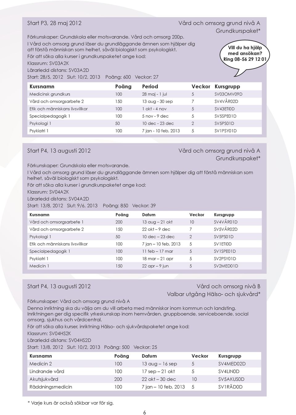 För att söka alla kurser i grundkurspaketet ange kod: Klassrum: SV03A2K Lärarledd distans: SV03A2D Start: 28/5, 2012 Slut: 10/2, 2013 Poäng: 600 Veckor: 27 Medicinsk grundkurs 100 28 maj - 1 jul 5
