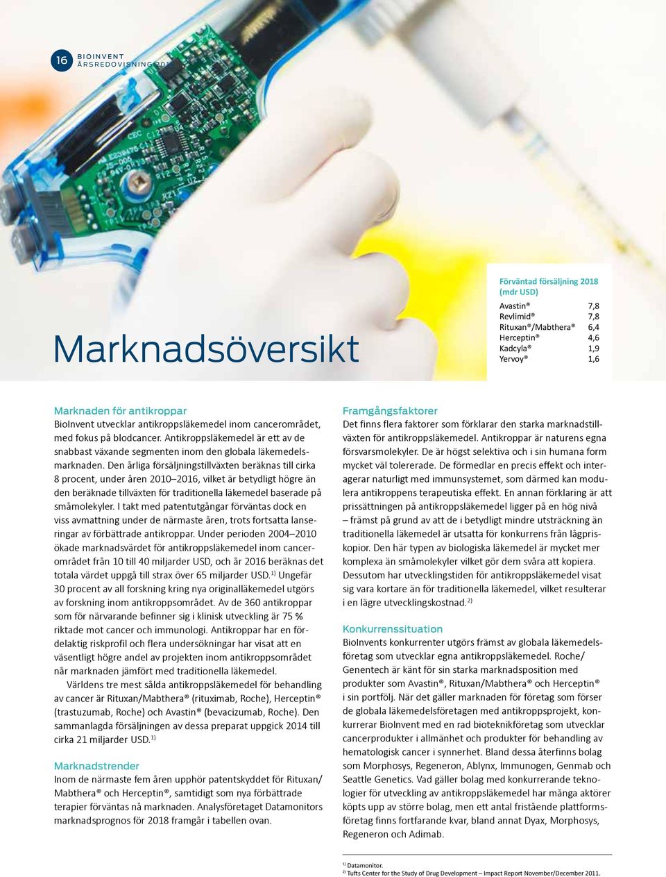 Den årliga försäljningstillväxten beräknas till cirka 8 procent, under åren 2010 2016, vilket är betydligt högre än den beräknade tillväxten för traditionella läkemedel baserade på småmolekyler.