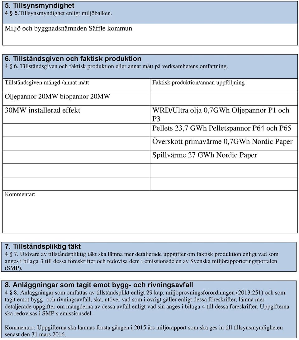 Tillståndsgiven mängd /annat mått Faktisk produktion/annan uppföljning Oljepannor 20MW biopannor 20MW 30MW installerad effekt WRD/Ultra olja 0,7GWh Oljepannor P1 och P3 Pellets 23,7 GWh Pelletspannor