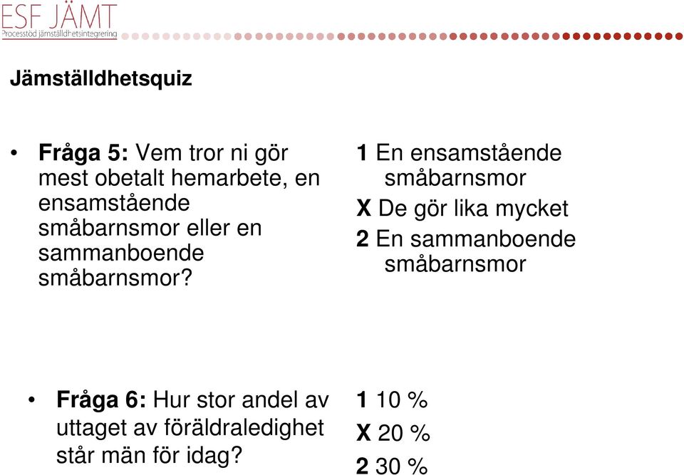 1 En ensamstående småbarnsmor X De gör lika mycket 2 En sammanboende