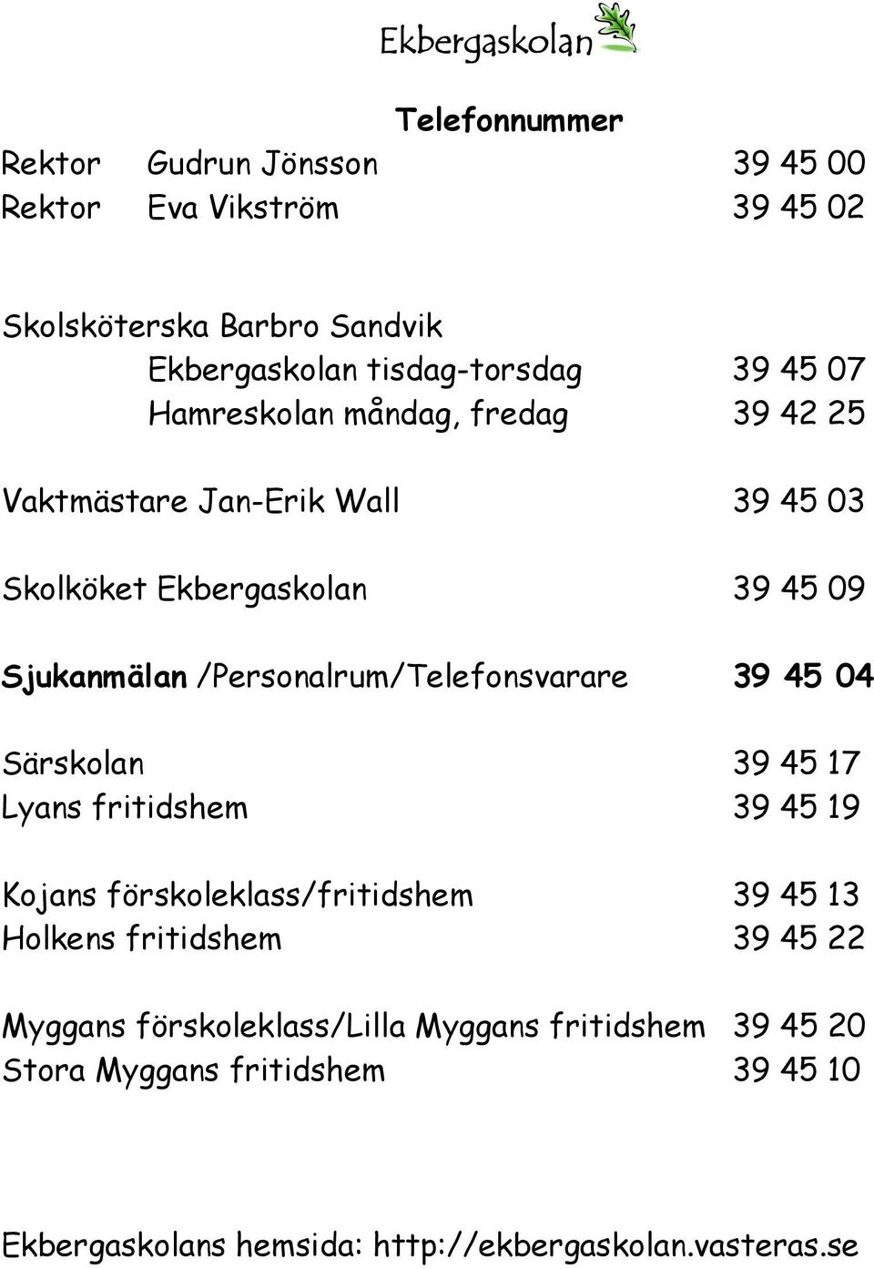 /Personalrum/Telefonsvarare 39 45 04 Särskolan 39 45 17 Lyans fritidshem 39 45 19 Kojans förskoleklass/fritidshem 39 45 13 Holkens fritidshem