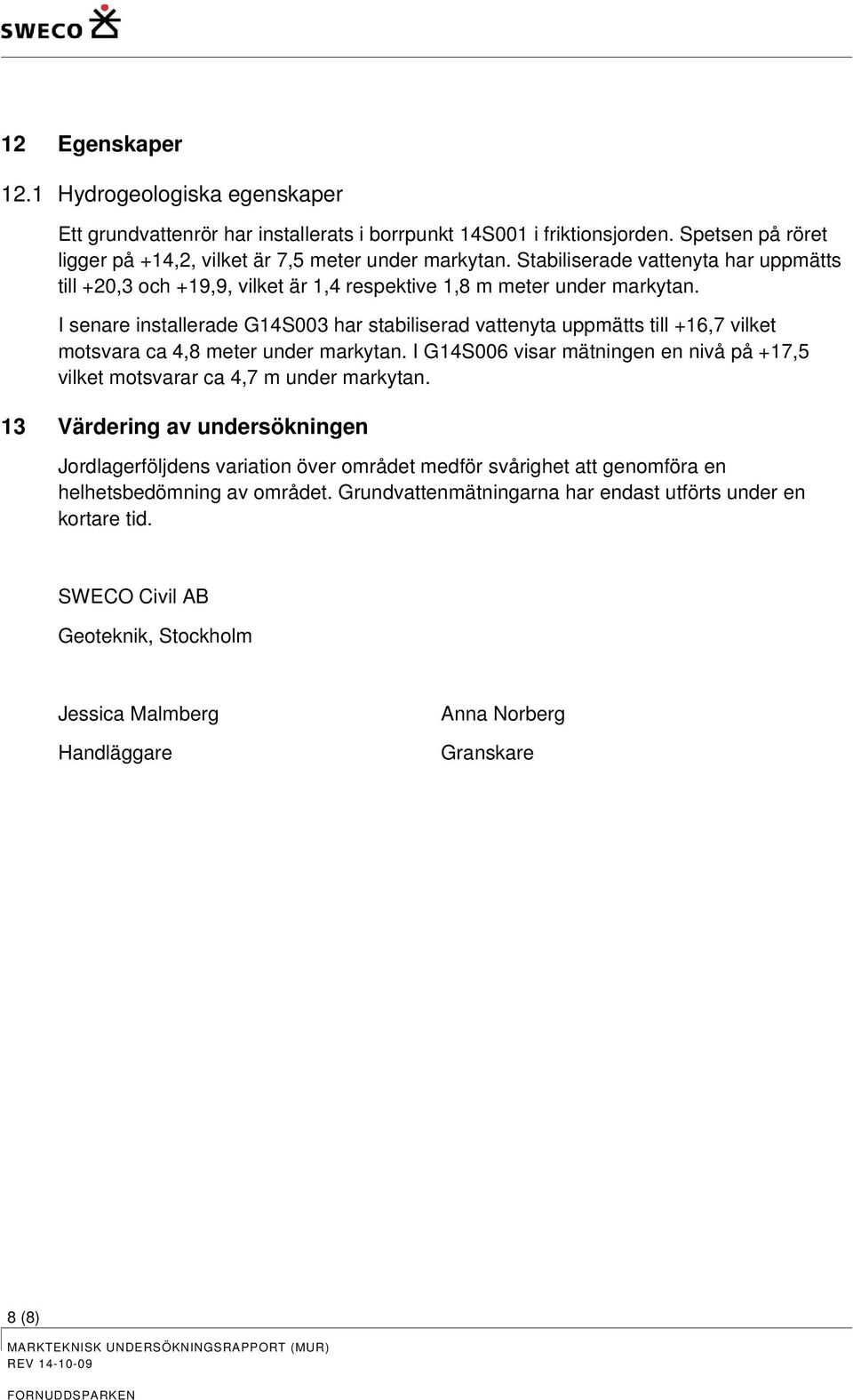 I senare installerade G14S003 har stabiliserad vattenyta uppmätts till +16,7 vilket mtsvara ca 4,8 meter under markytan.