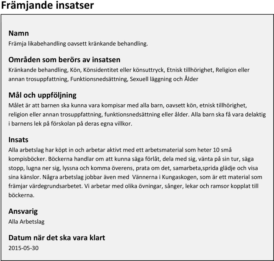 Mål och uppföljning Målet är att barnen ska kunna vara kompisar med alla barn, oavsett kön, etnisk tillhörighet, religion eller annan trosuppfattning, funktionsnedsättning eller ålder.