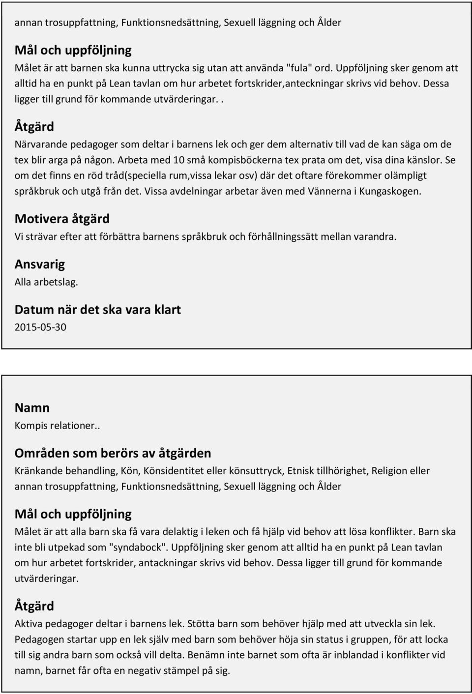 . Åtgärd Närvarande pedagoger som deltar i barnens lek och ger dem alternativ till vad de kan säga om de tex blir arga på någon. Arbeta med 10 små kompisböckerna tex prata om det, visa dina känslor.