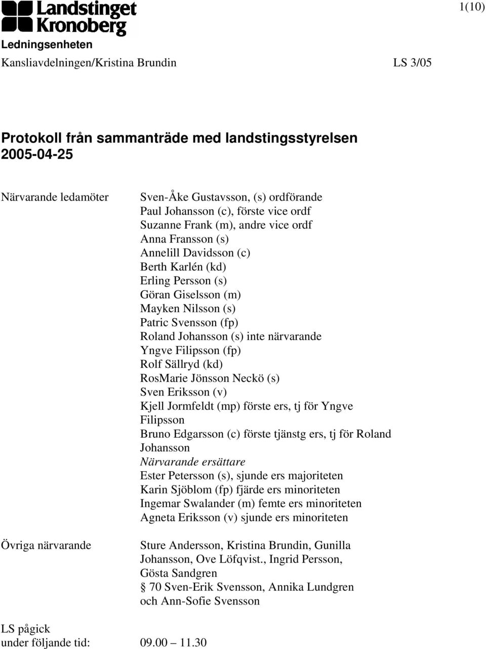 (fp) Roland Johansson (s) inte närvarande Yngve Filipsson (fp) Rolf Sällryd (kd) RosMarie Jönsson Neckö (s) Sven Eriksson (v) Kjell Jormfeldt (mp) förste ers, tj för Yngve Filipsson Bruno Edgarsson