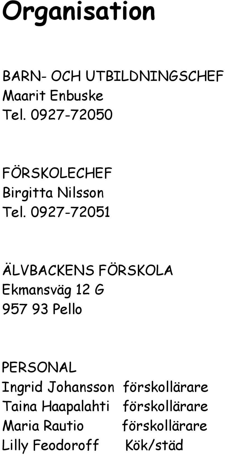 0927-72051 ÄLVBACKENS FÖRSKOLA Ekmansväg 12 G 957 93 Pello PERSONAL