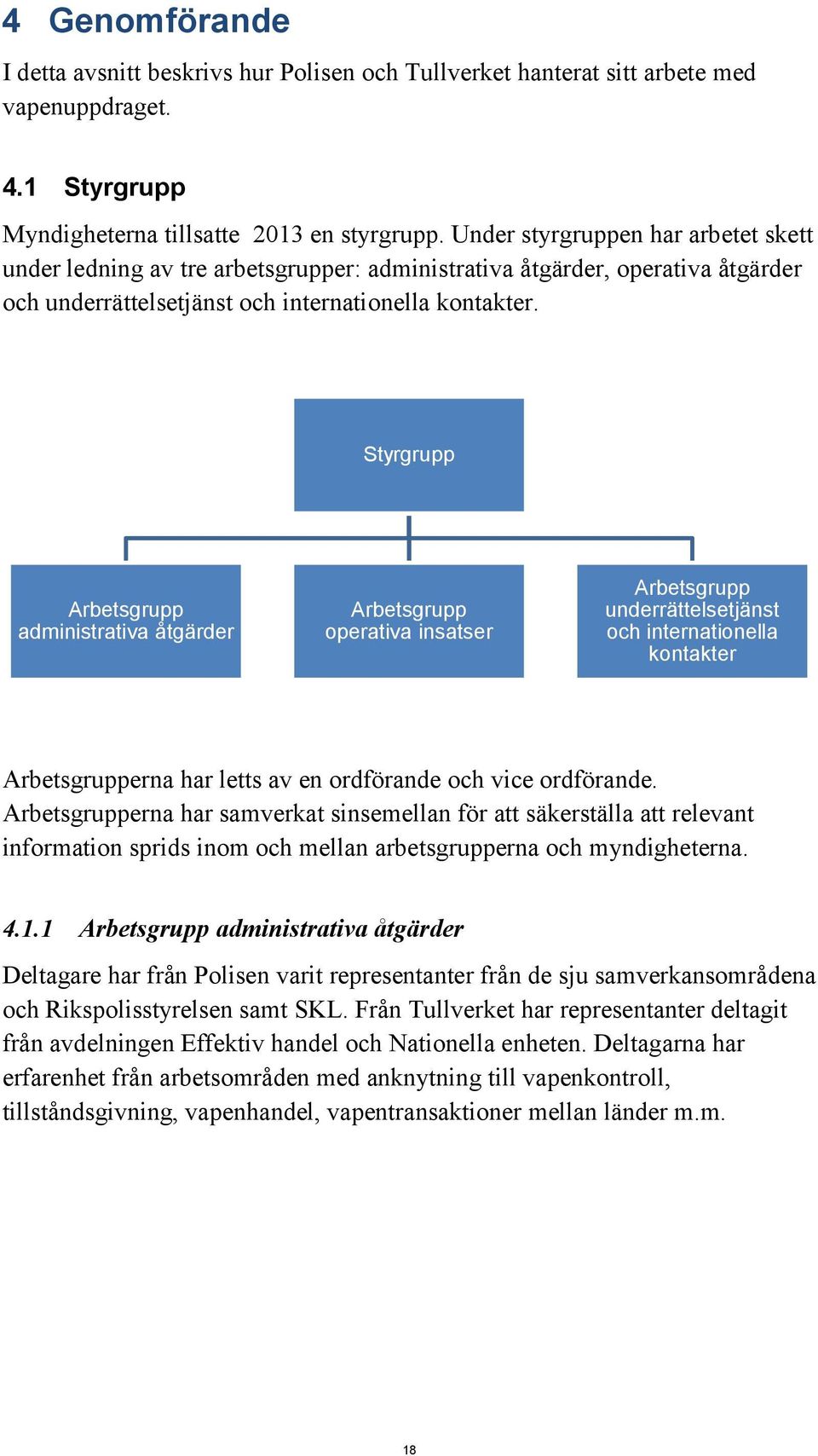 Styrgrupp Arbetsgrupp administrativa åtgärder Arbetsgrupp operativa insatser Arbetsgrupp underrättelsetjänst och internationella kontakter Arbetsgrupperna har letts av en ordförande och vice