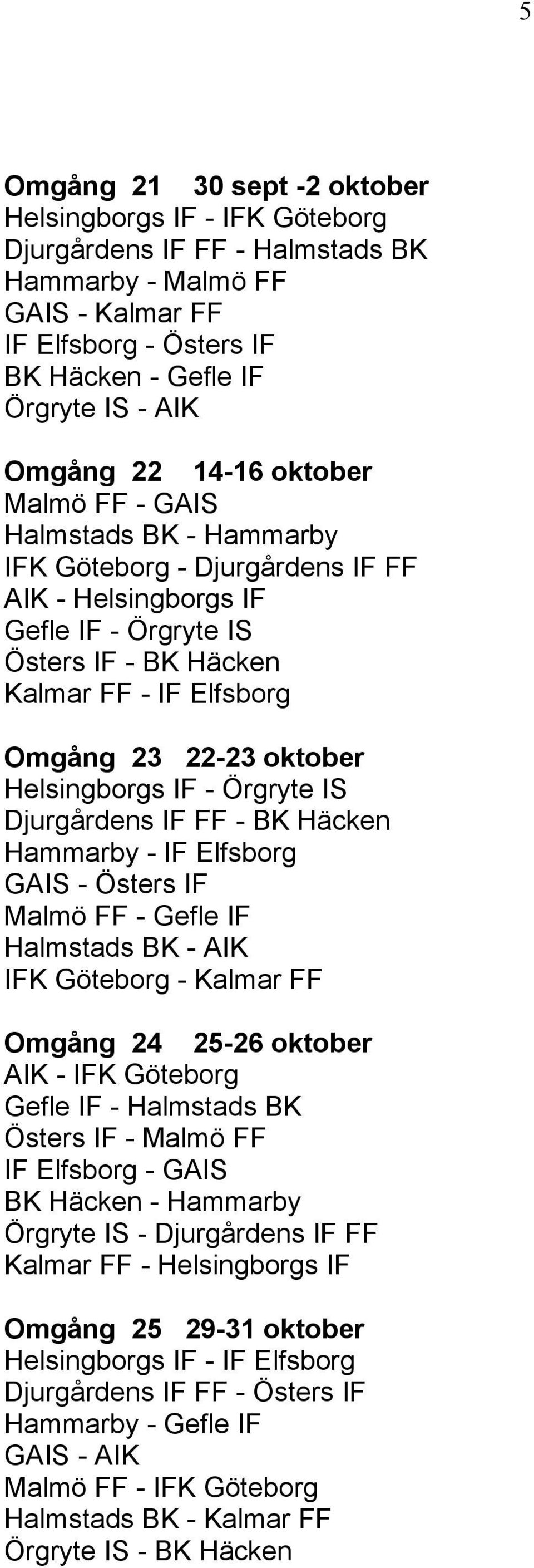 22-23 oktober Helsingborgs IF - Örgryte IS Djurgårdens IF FF - BK Häcken Hammarby - IF Elfsborg GAIS - Östers IF Malmö FF - Gefle IF Halmstads BK - AIK IFK Göteborg - Kalmar FF Omgång 24 25-26