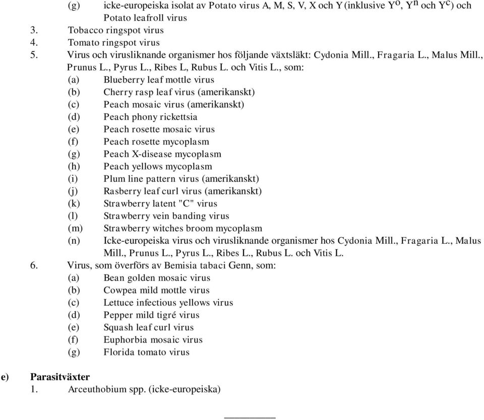 , som: (a) Blueberry leaf mottle virus (b) Cherry rasp leaf virus (amerikanskt) (c) Peach mosaic virus (amerikanskt) (d) Peach phony rickettsia (e) Peach rosette mosaic virus (f) Peach rosette