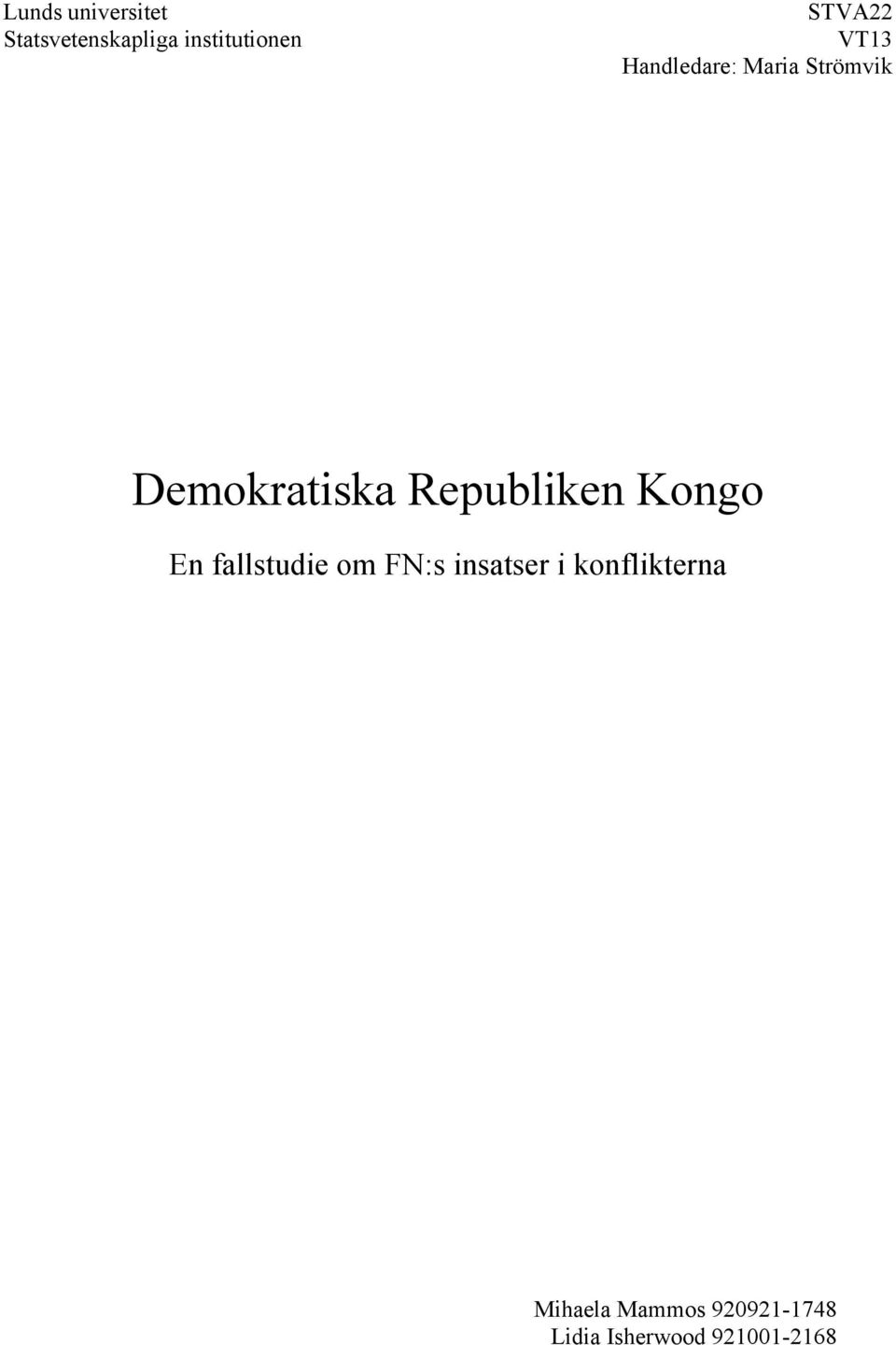 Republiken Kongo En fallstudie om FN:s insatser i