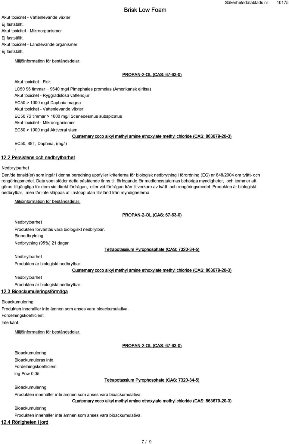 Mikroorganismer EC50 > 1000 mg/l Aktiverat slam EC50, 48T, Daphnia, (mg/l) 1 12.