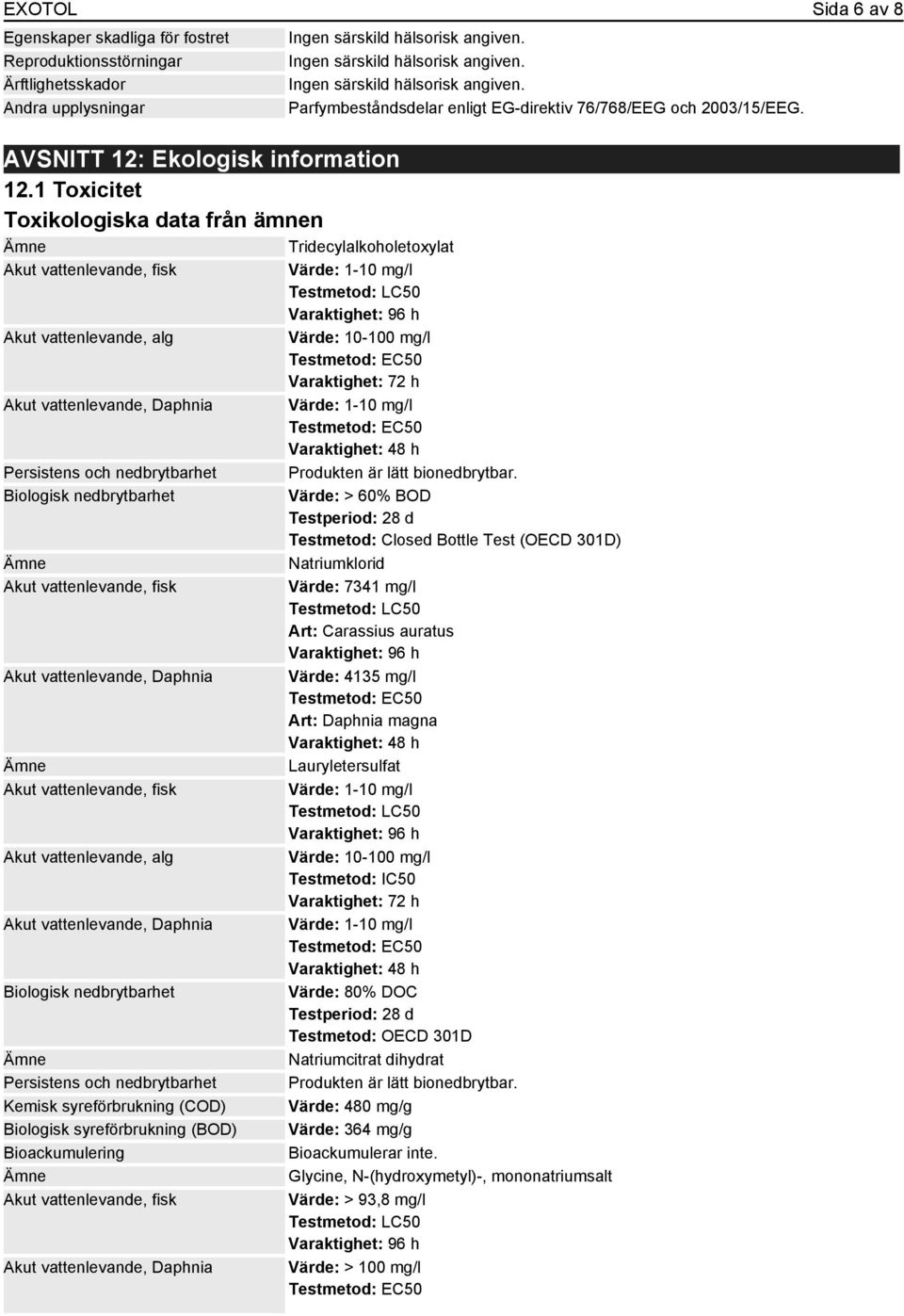 Akut vattenlevande, fisk Akut vattenlevande, Daphnia Akut vattenlevande, fisk Akut vattenlevande, alg Akut vattenlevande, Daphnia Biologisk nedbrytbarhet Persistens och nedbrytbarhet Kemisk