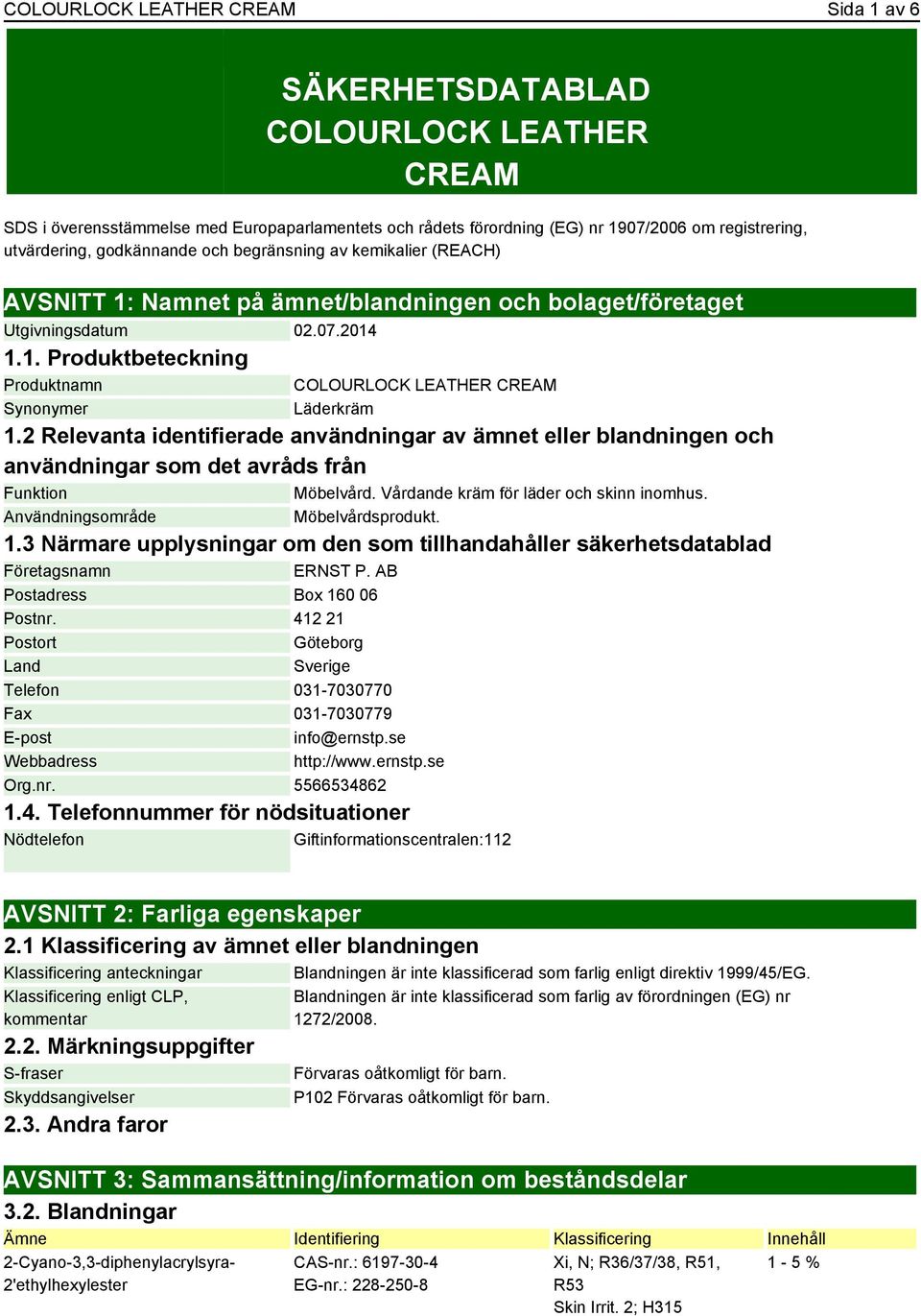 2 Relevanta identifierade användningar av ämnet eller blandningen och användningar som det avråds från Funktion Möbelvård. Vårdande kräm för läder och skinn inomhus.