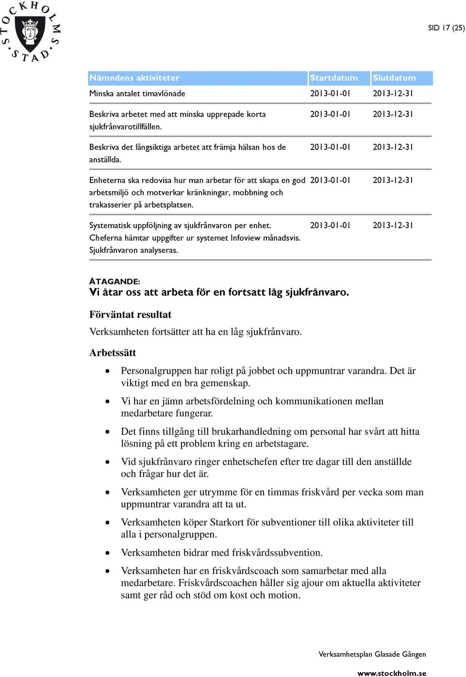 Enheterna ska redovisa hur man arbetar för att skapa en god arbetsmiljö och motverkar kränkningar, mobbning och trakasserier på arbetsplatsen. Systematisk uppföljning av sjukfrånvaron per enhet.