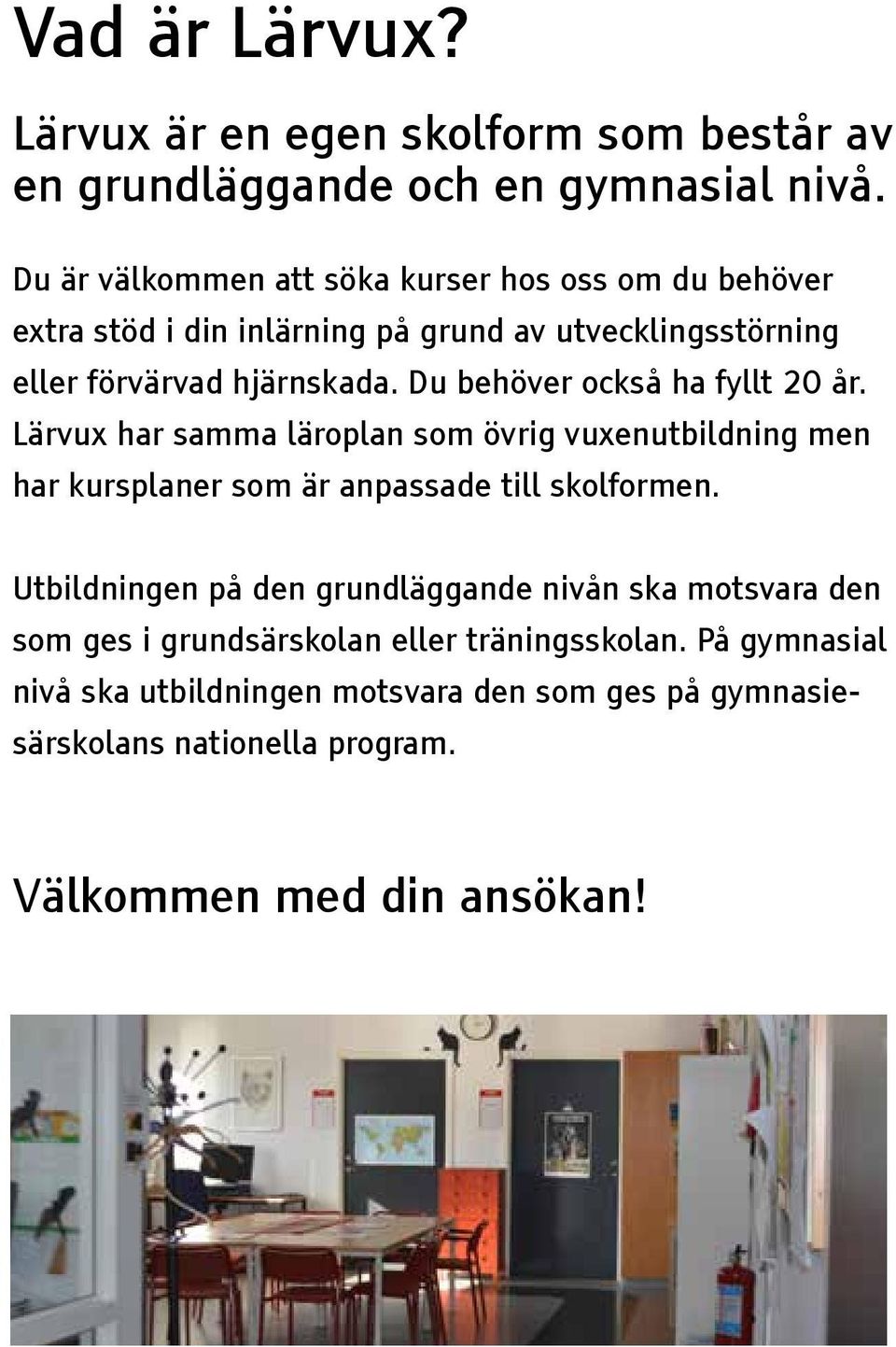 Du behöver också ha fyllt 20 år. Lärvux har samma läroplan som övrig vuxenutbildning men har kursplaner som är anpassade till skolformen.