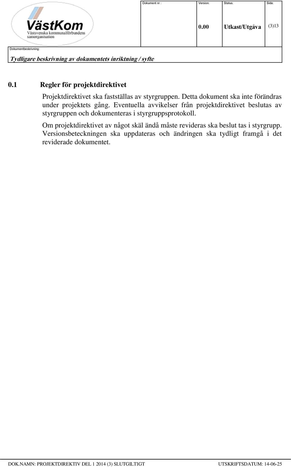 Eventuella avvikelser från projektdirektivet beslutas av styrgruppen och dokumenteras i styrgruppsprotokoll.