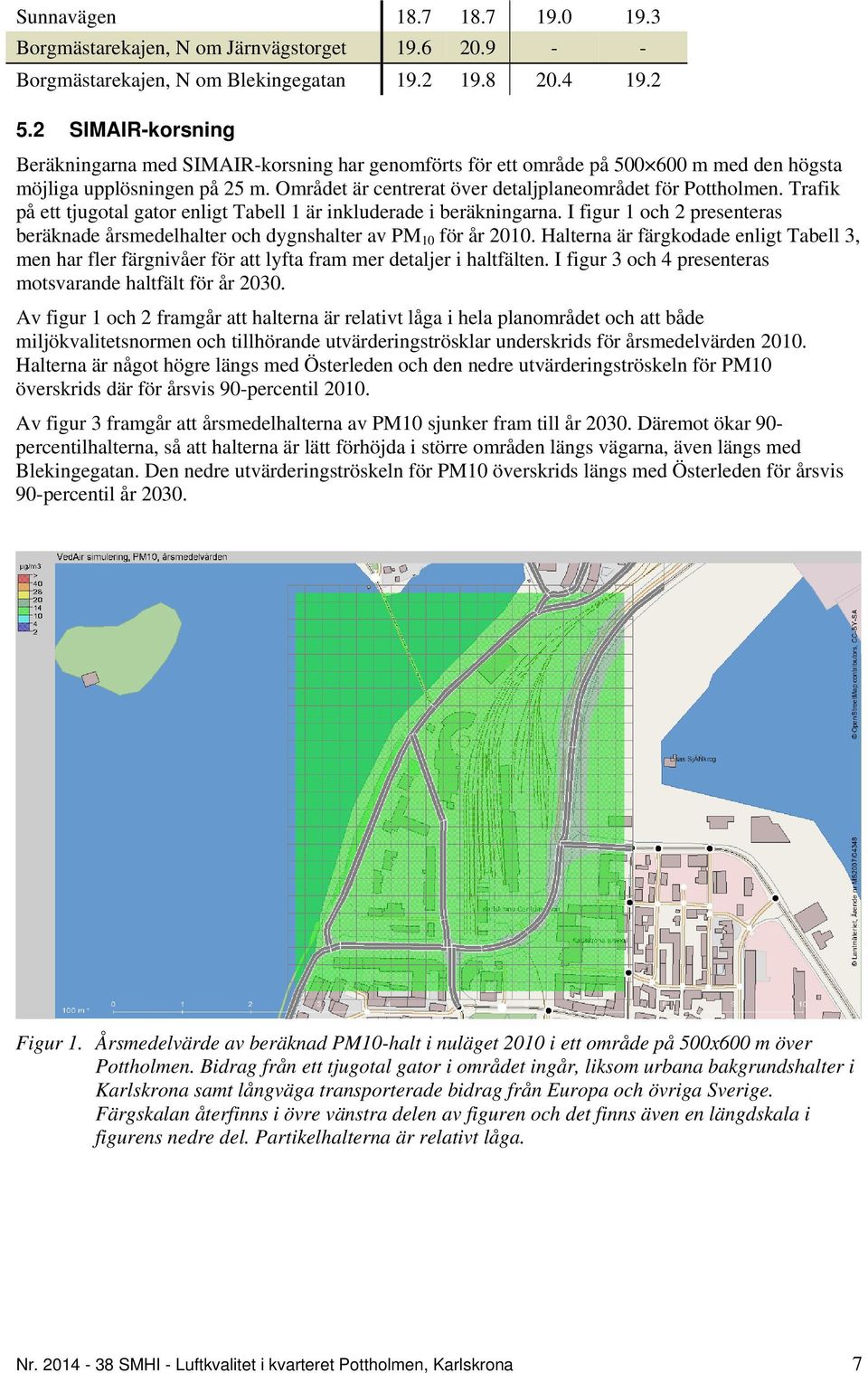 Trafik på ett tjugotal gator enligt Tabell 1 är inkluderade i beräkningarna. I figur 1 och 2 presenteras beräknade årsmedelhalter och dygnshalter av PM 10 för år 2010.