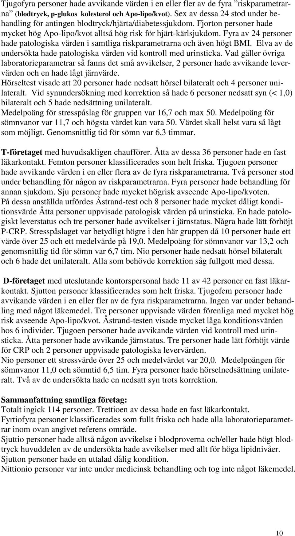 Fyra av 24 personer hade patologiska värden i samtliga riskparametrarna och även högt BMI. Elva av de undersökta hade patologiska värden vid kontroll med urinsticka.