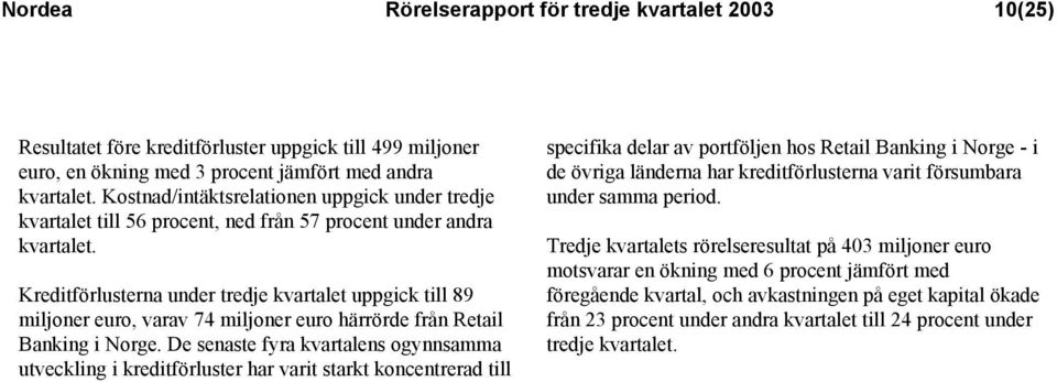 Kreditförlusterna under tredje kvartalet uppgick till 89 miljoner euro, varav 74 miljoner euro härrörde från Retail Banking i Norge.