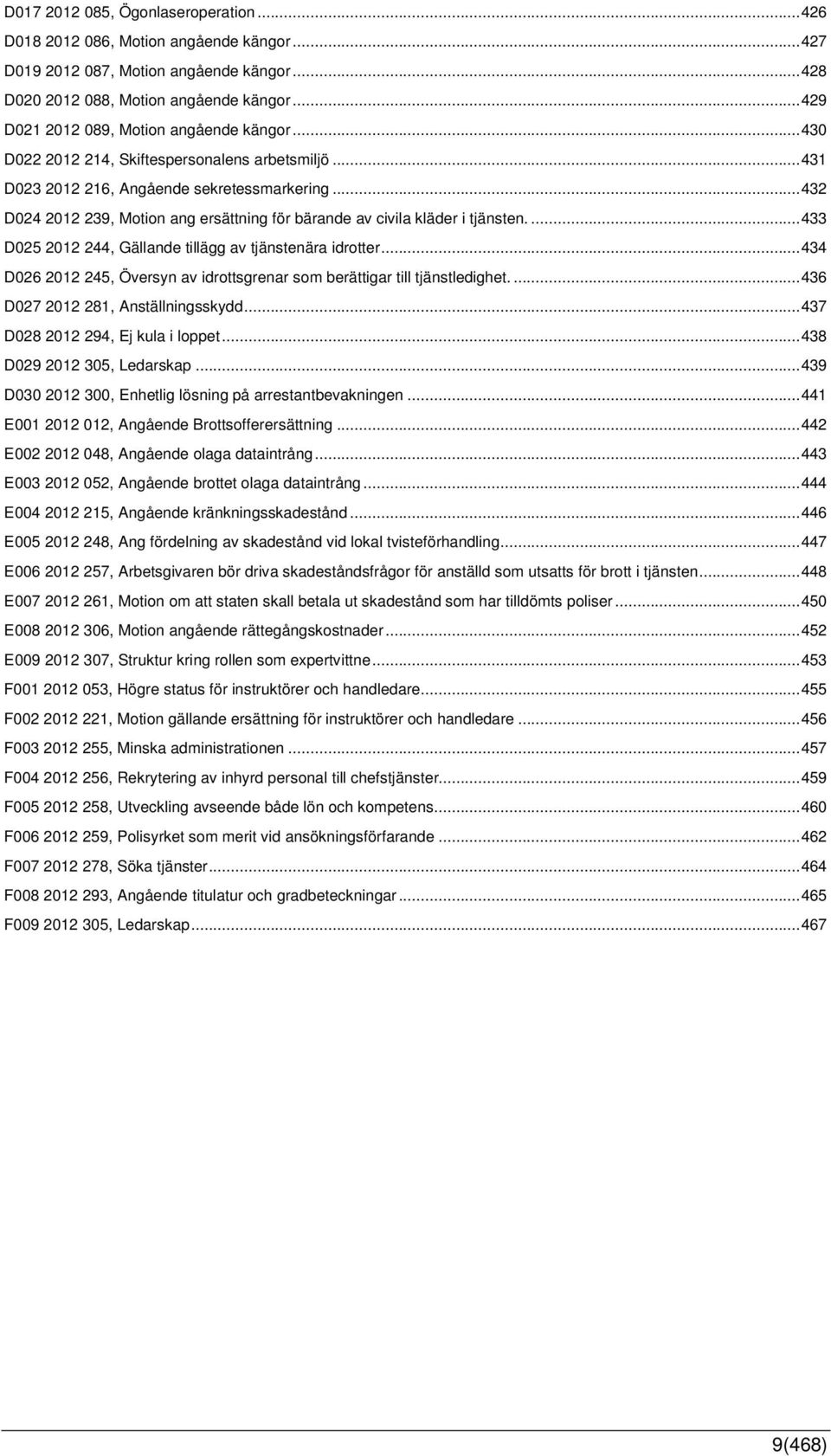 ..432 D024 2012 239, Motion ang ersättning för bärande av civila kläder i tjänsten....433 D025 2012 244, Gällande tillägg av tjänstenära idrotter.